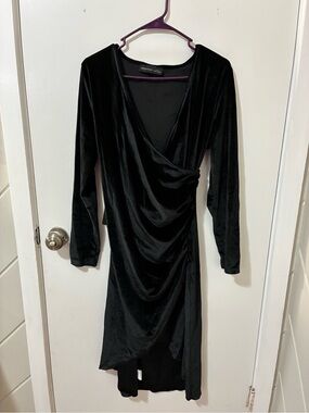Occasion Black Velvet Long Sleeve Draped Wrap Dress